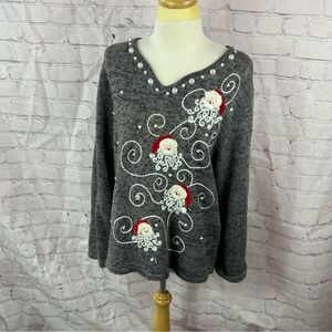 mandal bay cotton blend V-Neck Sweater christmas Santa Embroidery Sparkle sz XL